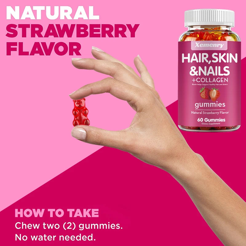 Hair, Skin & Nails Gummies | Hair Vitamins for Men and Women | Biotin Supplements - 60 Gummies