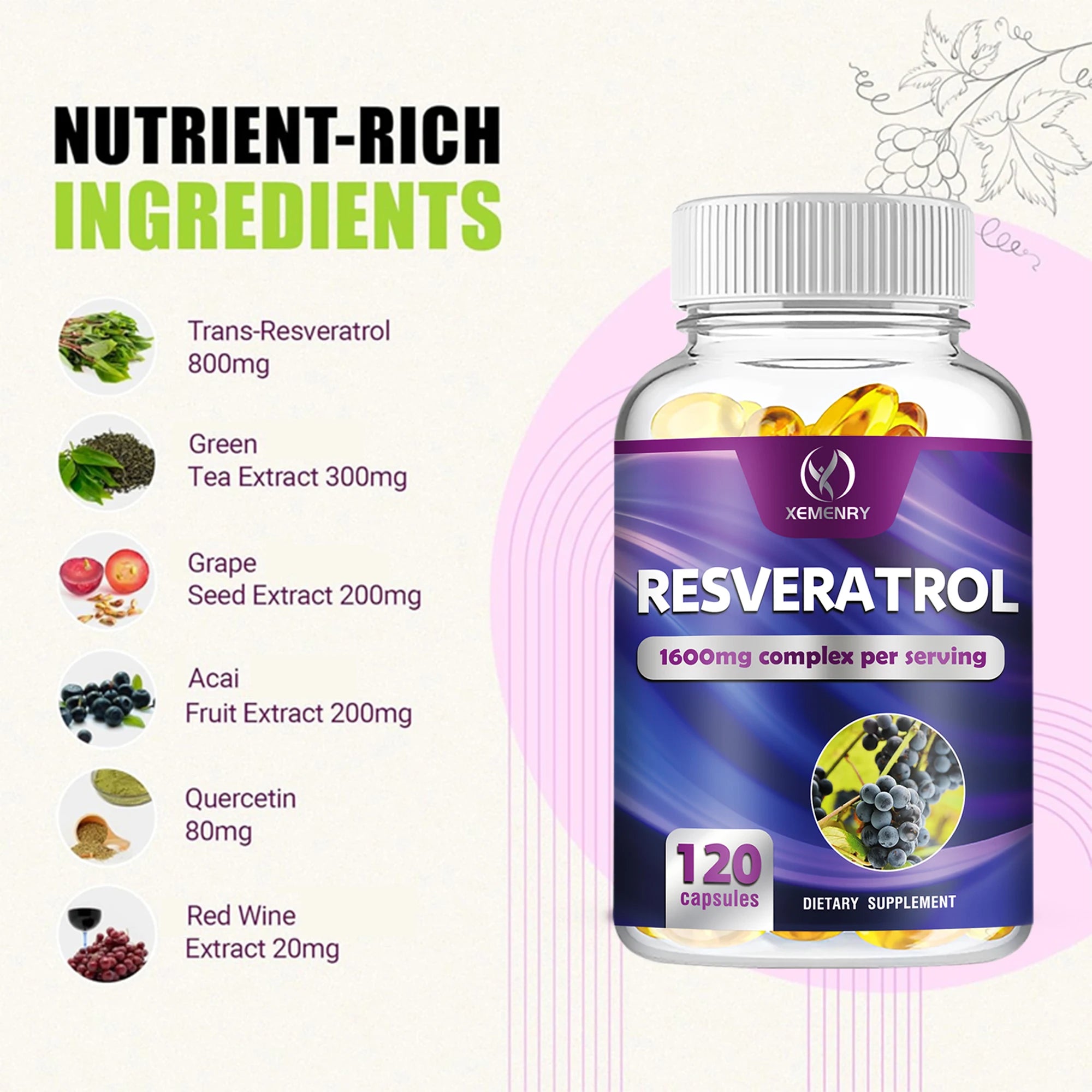 Resveratrol Supplement - Promotes Metabolism, Anti-aging, Antioxidant, Heart, Skin, Circulatory Health - 120 Capsules