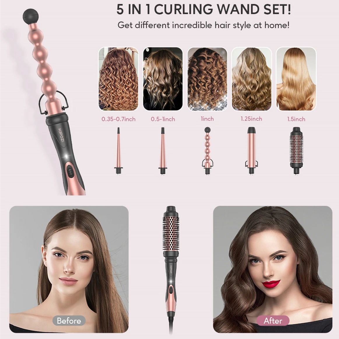 KIPOZI Professional Curling Iron 5-in-1 Hair Tools Instant Heating Electric Curling Iron Hot Air Brush Ceramic Barrels for Woman