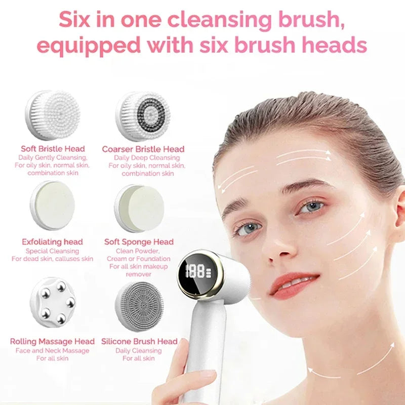 LED 6 In 1 Electric Clean Facial Brush Display Face Tightening Exfoliating Cleaning Sonic Massager Cleaner with 6 Head Face Care