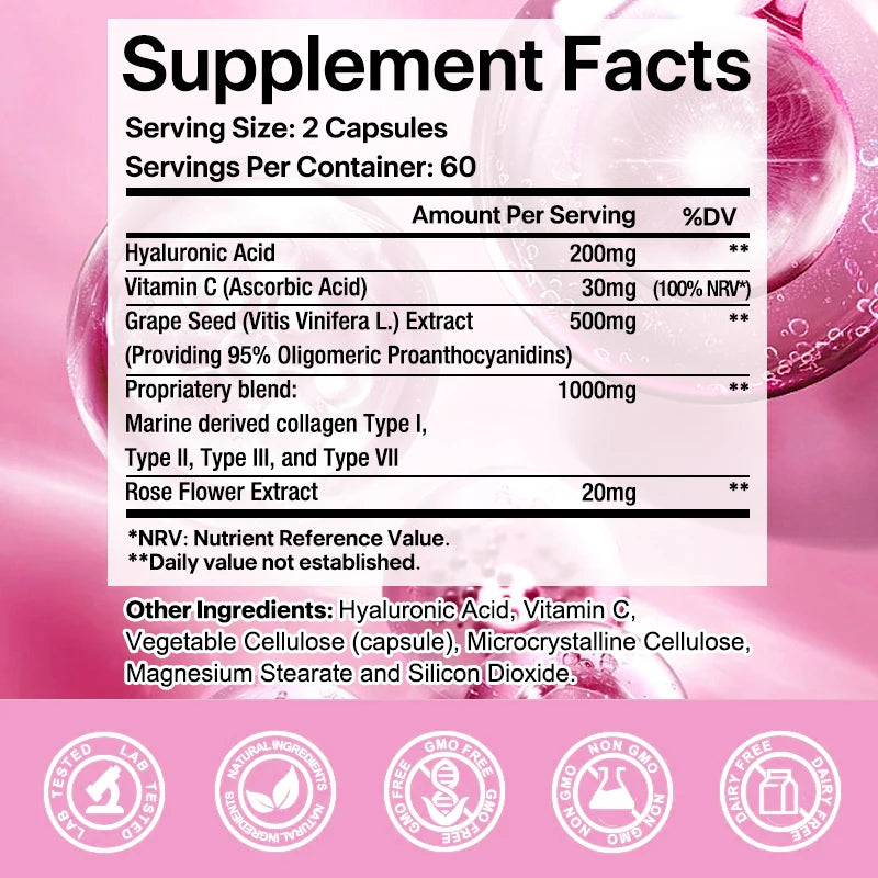 Hyaluronic Acid Collagen Supplement - Helps Nourish Skin, Increase Skin Elasticity, Antioxidant, Anti-Aging, 120 Capsules