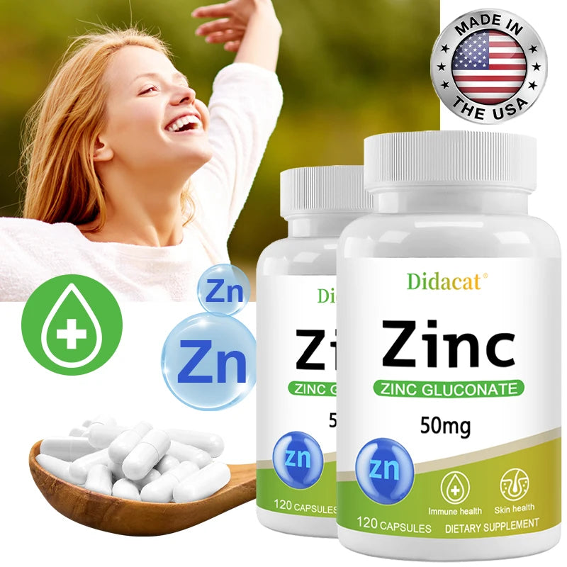 Zinc Capsules - Zinc Gluconate Supplement - Enhanced Absorption - for Immune System and Skin Health, Vegetarian Friendly