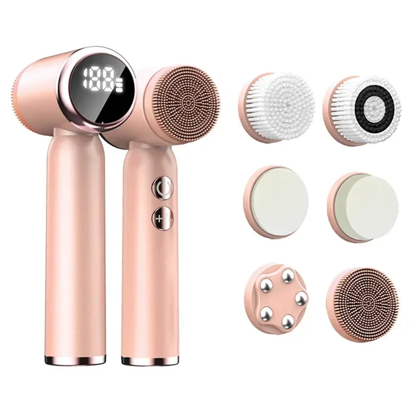 LED 6 In 1 Electric Clean Facial Brush Display Face Tightening Exfoliating Cleaning Sonic Massager Cleaner with 6 Head Face Care