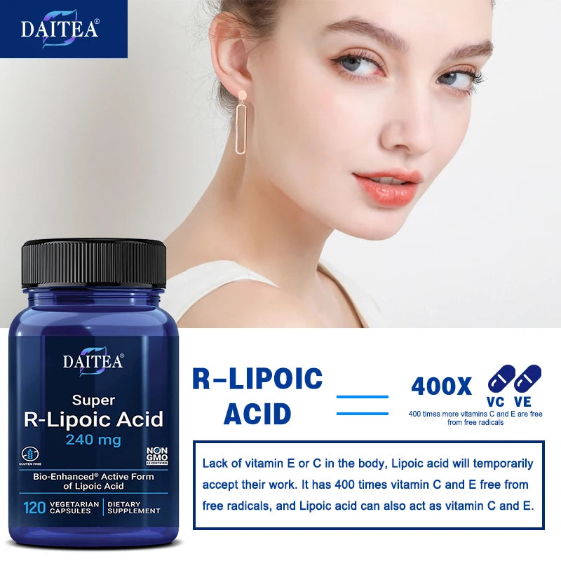 R-Lipoic Acid Supplement 240 Mg - Healthy Liver, Whiten Skin, Reduce Fatigue, Support Blood Sugar Levels