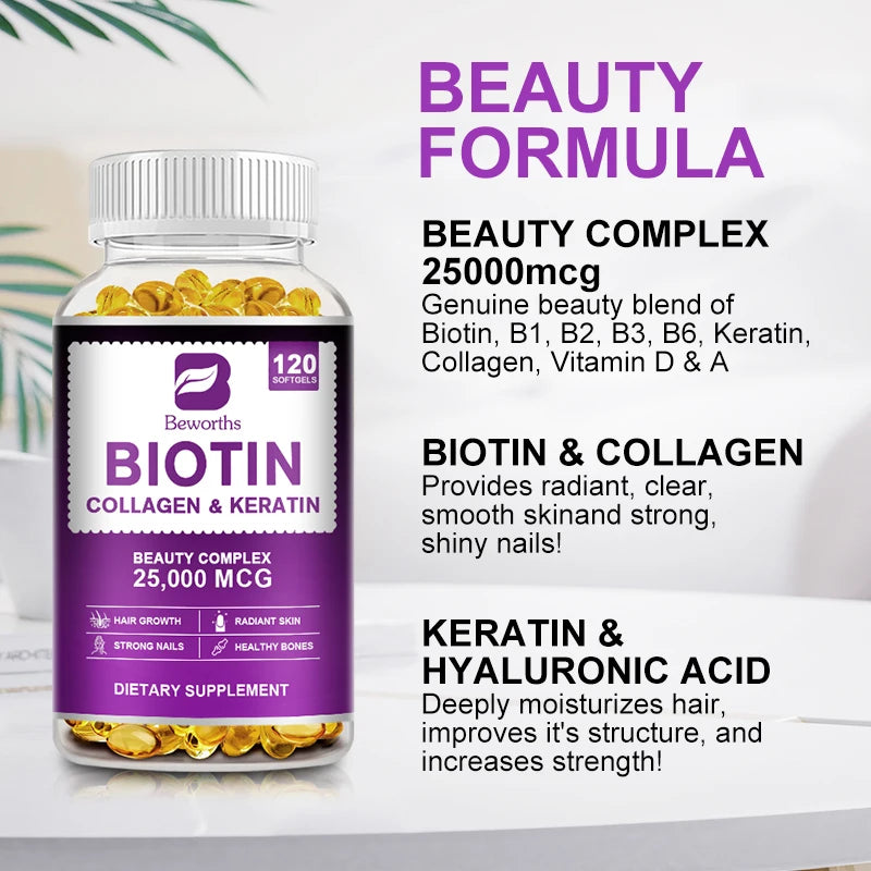 BBEEAAUU Collagen & Biotin Capsule Biotin for Hair Growth Strong Hair Dry Hair Follicle Repair Skin Hydrolyzed Adult Beauty Care