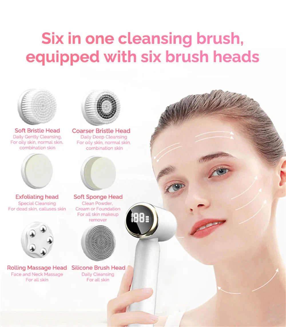 LED 6 In 1 Electric Clean Facial Brush Display Face Tightening Exfoliating Cleaning Sonic Massager Cleaner with 6 Head Face Care