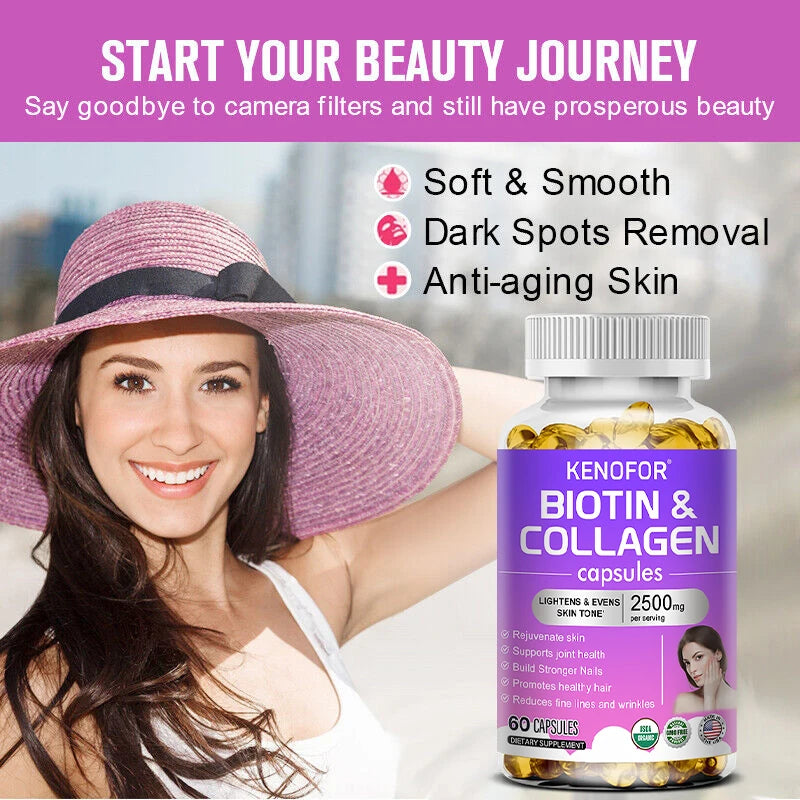 Biotin and Collagen Supplements for Hair Growth - For Hair, Skin and Nails - Anti-Aging