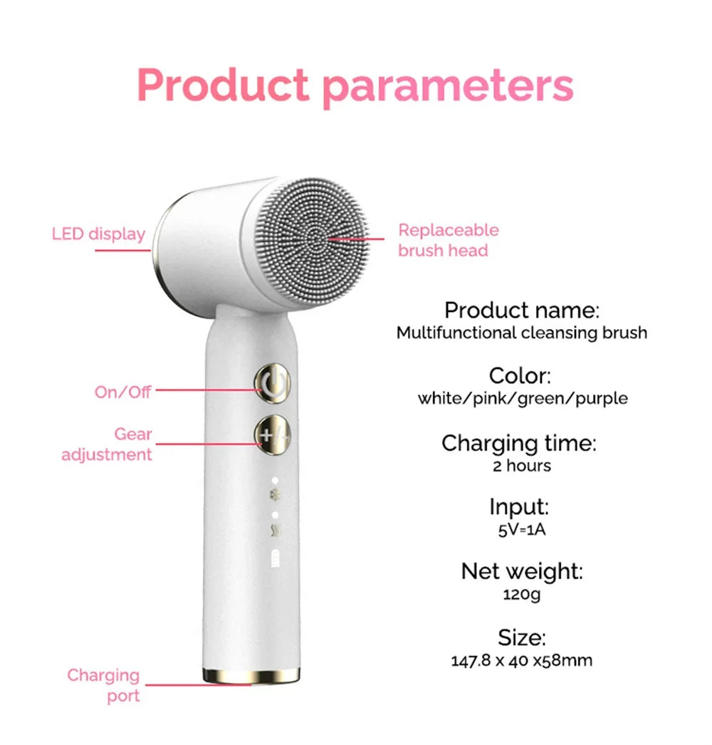 LED 6 In 1 Electric Clean Facial Brush Display Face Tightening Exfoliating Cleaning Sonic Massager Cleaner with 6 Head Face Care