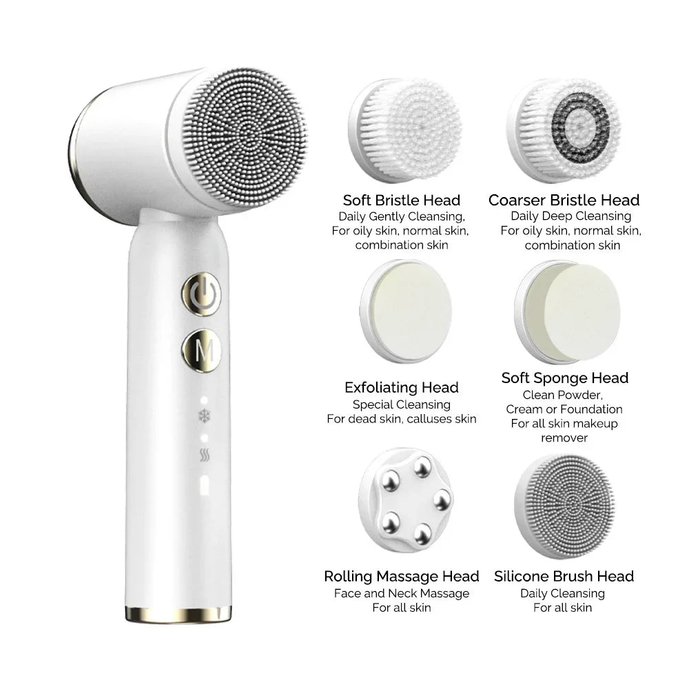 LED 6 In 1 Electric Clean Facial Brush Display Face Tightening Exfoliating Cleaning Sonic Massager Cleaner with 6 Head Face Care