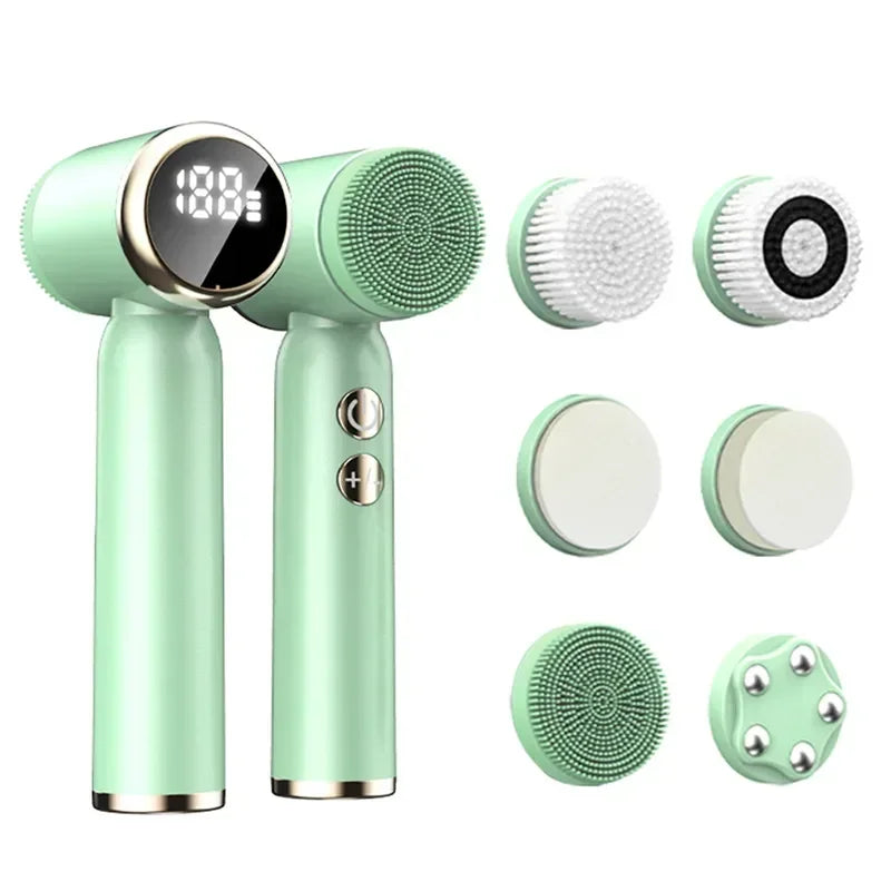 LED 6 In 1 Electric Clean Facial Brush Display Face Tightening Exfoliating Cleaning Sonic Massager Cleaner with 6 Head Face Care